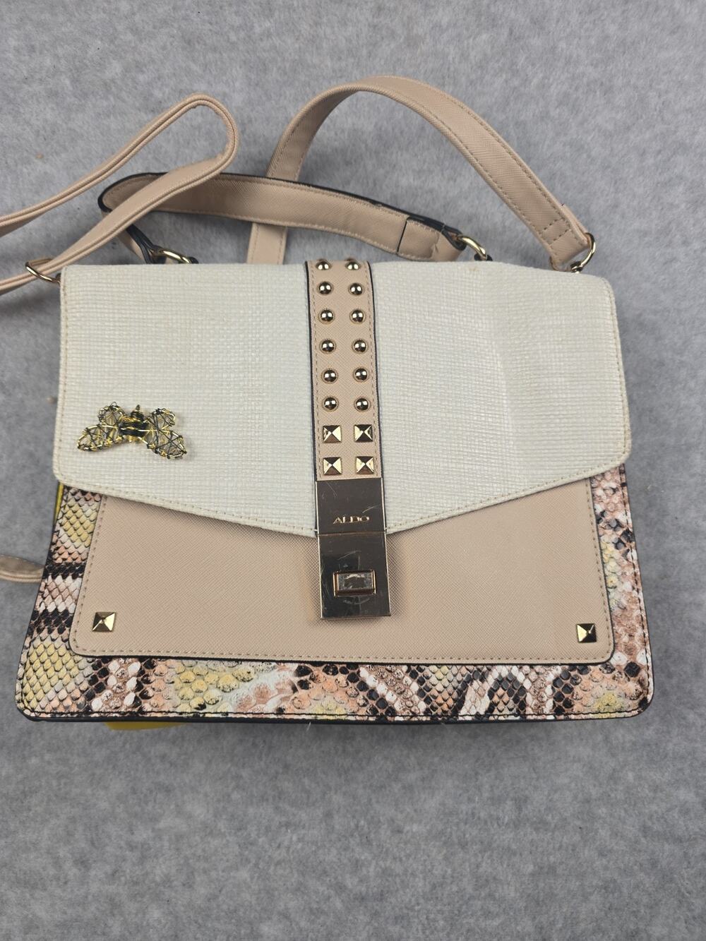 ALDO Womens Snake Print Crossbody Shoulder Bag Studded Bee Accent Beige Yellow